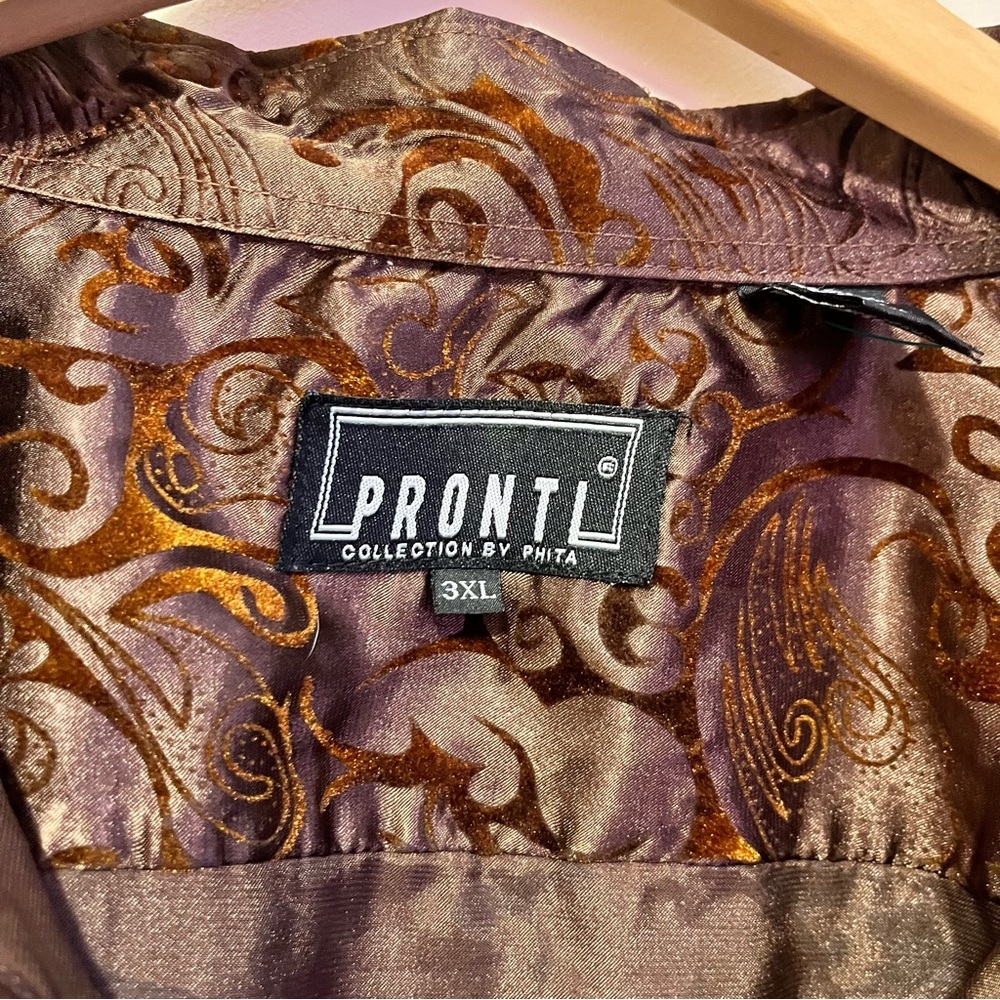Pronti Collection Brown Satin Burnout Paisley Button Up Shirt Men’s 3XL Y2K - Picture 3 of 7
